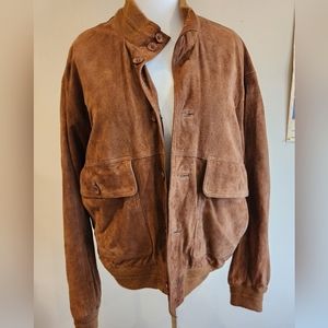 Mens suede bomber style jacket lightweight lined button up 4 pockets large tan